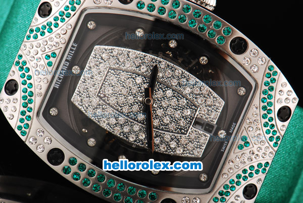 Richard Mille RM007 Automatic Movement Silver Case with Diamond Hour Marker and Diamond Bezel-Green Leather Strap - Click Image to Close